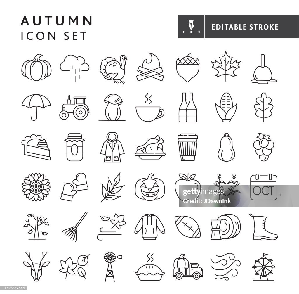 Symbolset für Herbst, Thanksgiving, Herbst, Erntesaison - bearbeitbarer Strich