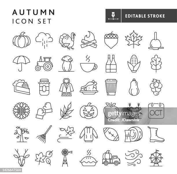 autumn, thanksgiving, fall, harvest season icon set - editable stroke - rake stock illustrations