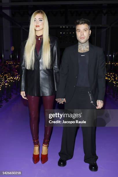 Chiara Ferragni and Fedez are seen on the front row of the Versace Fashion Show during the Milan Fashion Week Womenswear Spring/Summer 2023 on...