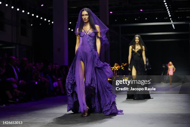 Bella Hadid is seen on the front row of the Versace Fashion Show during the Milan Fashion Week Womenswear Spring/Summer 2023 on September 23, 2022 in...