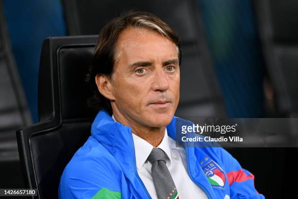 Roberto Mancini, Head Coach of Italy, looks on ahead of the UEFA Nations League League A Group 3 match between Italy and England at San Siro on...