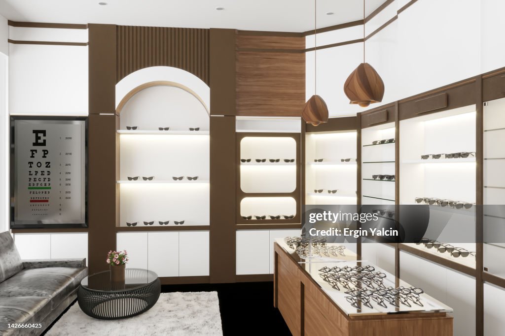 Eyeglasses Showcase And Eye Chart In Modern Optic Shop.