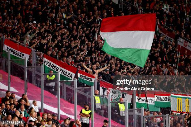Fans of Hungary react in the crowd during the UEFA Nations League League A Group 3 match between Germany and Hungary at Red Bull Arena on September...