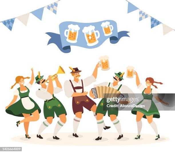 ilustraciones, imágenes clip art, dibujos animados e iconos de stock de fiesta de la cerveza. gente bailando y celebrando. fiesta de la cerveza. festival de la cerveza. - oktoberfest