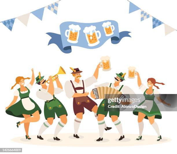 stockillustraties, clipart, cartoons en iconen met beer fest. people dancing and celebrating. beer party. beer festival. - drinking beer festival