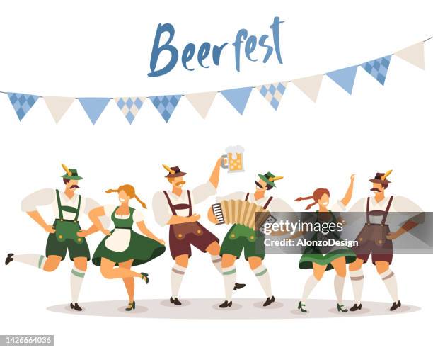 ilustrações, clipart, desenhos animados e ícones de beer fest. pessoas dançando e celebrando. festa da cerveja. festival da cerveja. - accordionist