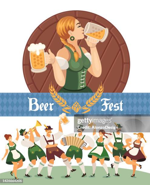 ilustrações, clipart, desenhos animados e ícones de beer fest. pessoas dançando e celebrando. festa da cerveja. festival da cerveja. - accordionist