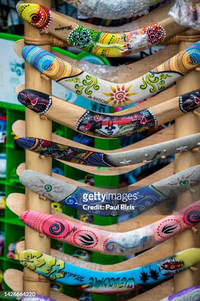 boomerang as souvenir in madeira, portugal - aboriginal dot painting fotografías e imágenes de stock