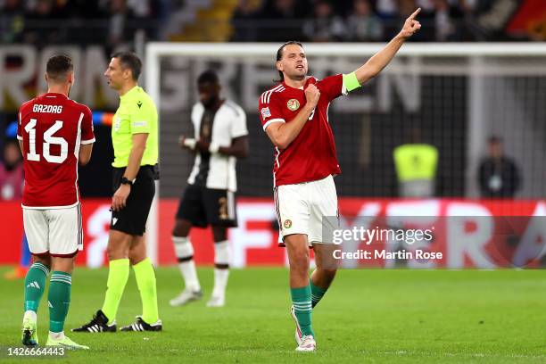 Adam Szalai of Hungary celebrates their sides first goal during the UEFA Nations League League A Group 3 match between Germany and Hungary at Red...