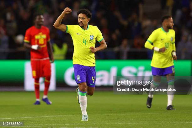 Marquinhos of Brazil celebrates their sides first goal during the International Friendly match between Brazil and Ghana at Stade Oceane on September...