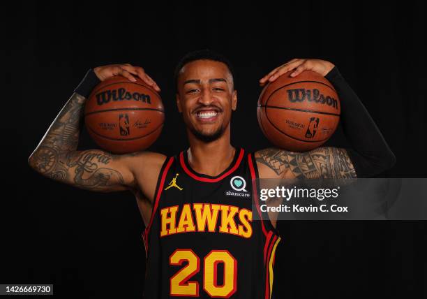 John Collins of the Atlanta Hawks poses for portraits during media day at PC&E Atlanta on September 23, 2022 in Atlanta, Georgia.