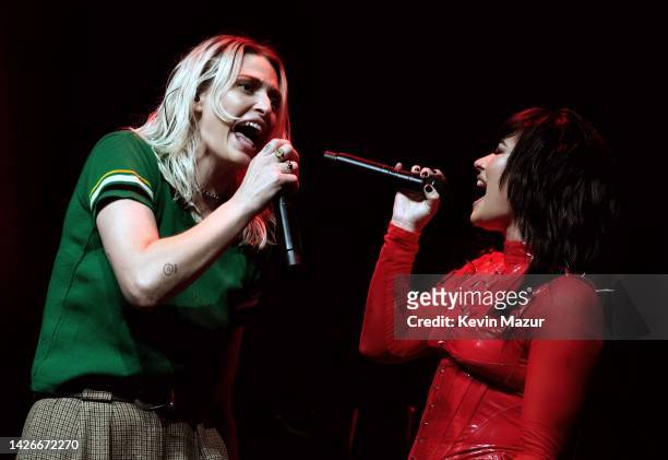 Emily Armstrong of Dead Sara and Demi Lovato perform onstage at Hard Rock Sacramento on September 22, 2022 in Wheatland, California.