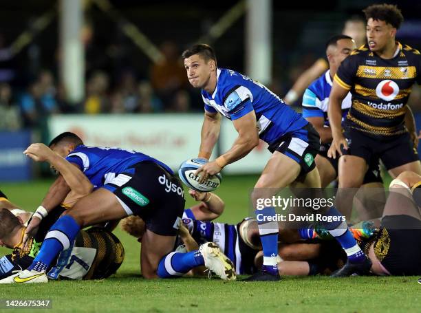 Louis Schreuder of Bath Rugby passes the ball out during the Gallagher Premiership Rugby match between Bath Rugby and Wasps at Recreation Ground on...