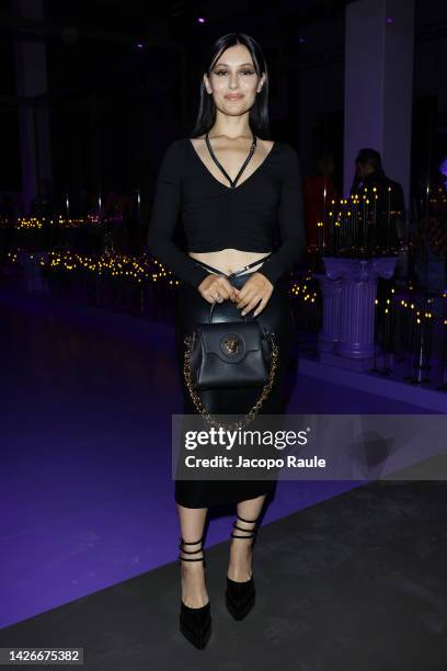Marta Pozzan is seen on the front row of the Versace Fashion Show during the Milan Fashion Week Womenswear Spring/Summer 2023 on September 23, 2022...