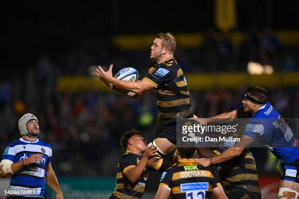 Joe Launchbury of Wasps in action during the Gallagher Premiership Rugby match between Bath Rugby and Wasps at Recreation Ground on September 23,...