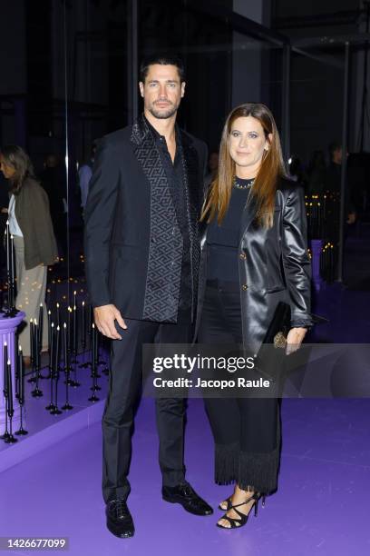 Christopher Leoni and Francesca Versace are seen on the front row of the Versace Fashion Show during the Milan Fashion Week Womenswear Spring/Summer...