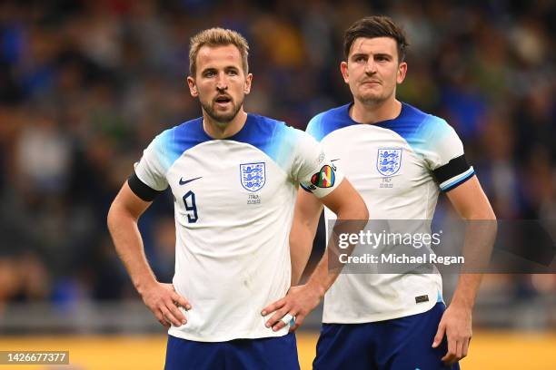 Harry Kane and Harry Maguire of England look on during the UEFA Nations League League A Group 3 match between Italy and England at San Siro on...