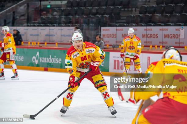 Damien Brunner of EHC Biel warms up prior the Swiss National League game between Lausanne HC and EHC Biel-Bienne at Vaudoise Arena on September 16,...