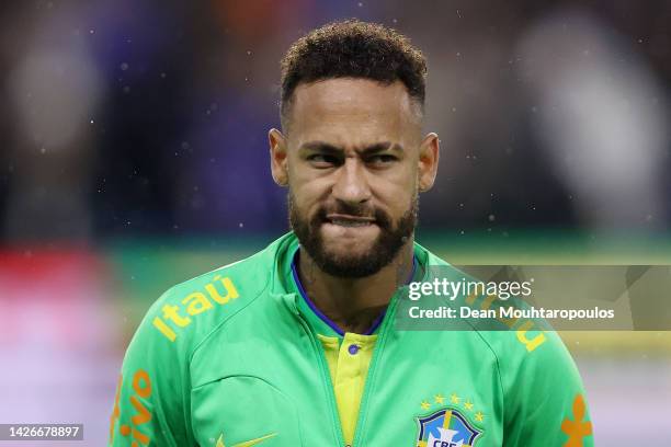 Neymar of Brazil looks on during the International Friendly match between Brazil and Ghana at Stade Oceane on September 23, 2022 in Le Havre, France.