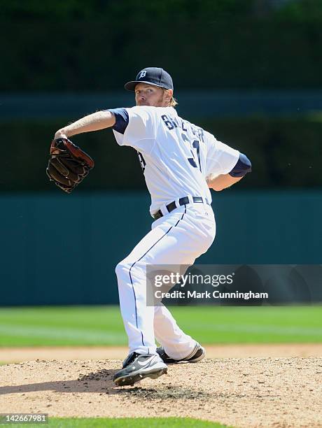 Collin Balester of the Detroit Tigers pitches during the game against the Boston Red Sox at Comerica Park on April 8, 2012 in Detroit, Michigan. The...