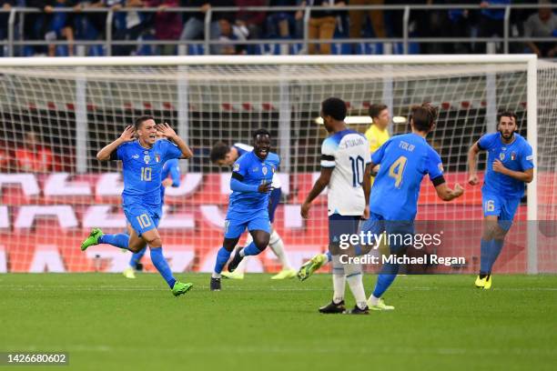 Giacomo Raspadori of Italy celebrates their sides first goal during the UEFA Nations League League A Group 3 match between Italy and England at San...