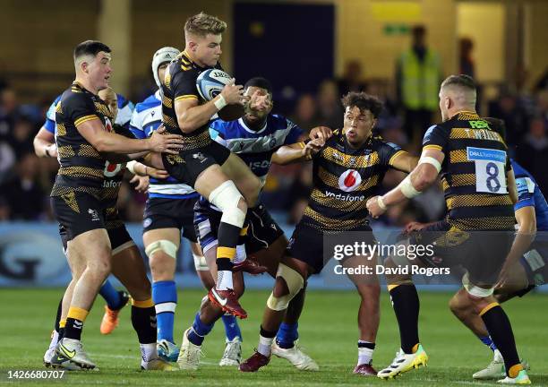 Charlie Atkinson of Wasps catches the ball during the Gallagher Premiership Rugby match between Bath Rugby and Wasps at Recreation Ground on...