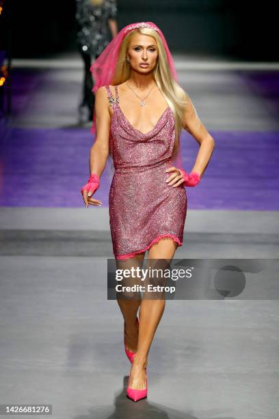 Paris Hilton walks the runway of the Versace Fashion Show during the Milan Fashion Week Womenswear Spring/Summer 2023 on September 23, 2022 in Milan,...