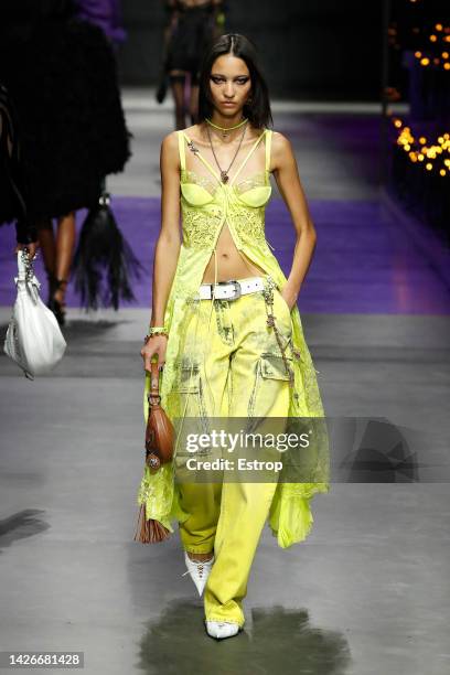 Model walks the runway of the Versace Fashion Show during the Milan Fashion Week Womenswear Spring/Summer 2023 on September 23, 2022 in Milan, Italy.