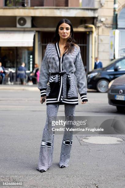 Chiara Biasi is seen wearing a grey kimono and optical pants at Missoni show during the Milan Fashion Week - Womenswear Spring/Summer 2023 on...