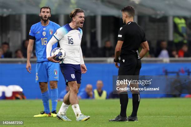 Jack Grealish of England reacts to Referee Jesus Gil Manzano during the UEFA Nations League League A Group 3 match between Italy and England at San...