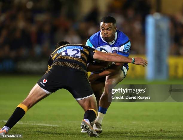 Max Ojomoh of Bath is tackled by Burger Odendaal of Wasps during the Gallagher Premiership Rugby match between Bath Rugby and Wasps at Recreation...