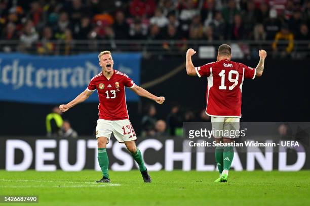 Andras Schafer and Martin Adam of Hungary celebrate following the UEFA Nations League League A Group 3 match between Germany and Hungary at Red Bull...
