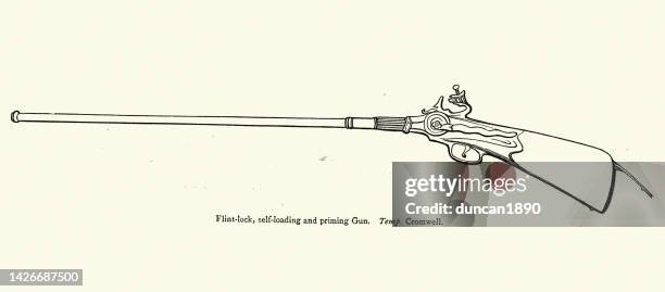 early form of flint lock gun, cromwell, 17th century, history warfare and weapons - 17th century stock illustrations