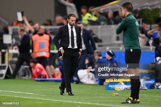 Gareth Southgate, Manager of England reacts after the final whistle of the UEFA Nations League League A Group 3 match between Italy and England at...