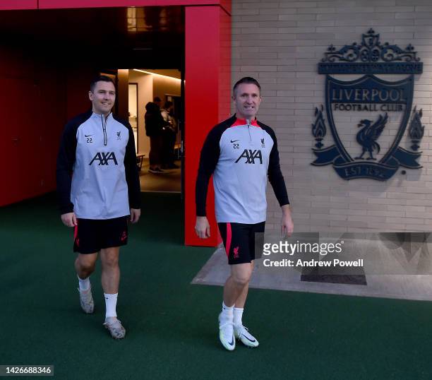 Robbie Keane and Stewart Downing during a training session at AXA Training Centre on September 23, 2022 in Kirkby, England.