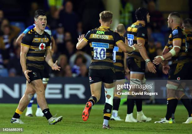 Sam Spink celebrates victory for Wasps after the Gallagher Premiership Rugby match between Bath Rugby and Wasps at Recreation Ground on September 23,...