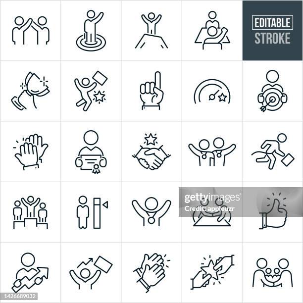 thin line-symbole mit positiver leistung – bearbeitbarer strich - daumen hoch icon stock-grafiken, -clipart, -cartoons und -symbole