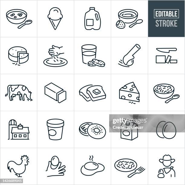 illustrations, cliparts, dessins animés et icônes de icônes de lignes minces pour les produits laitiers et la volaille - trait modifiable - dairy cow icon