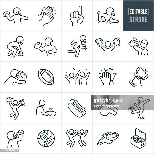 ilustraciones, imágenes clip art, dibujos animados e iconos de stock de iconos de línea delgada de fútbol americano - trazo editable - aclamar