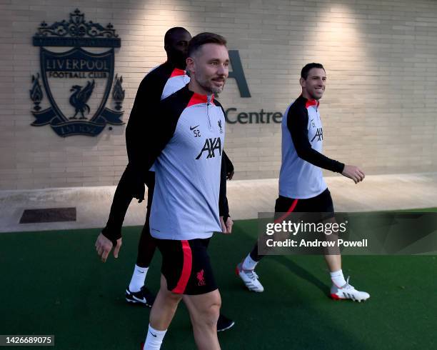 Maxi Rodriguez and Fabio Aurelio during a training session at AXA Training Centre on September 23, 2022 in Kirkby, England.
