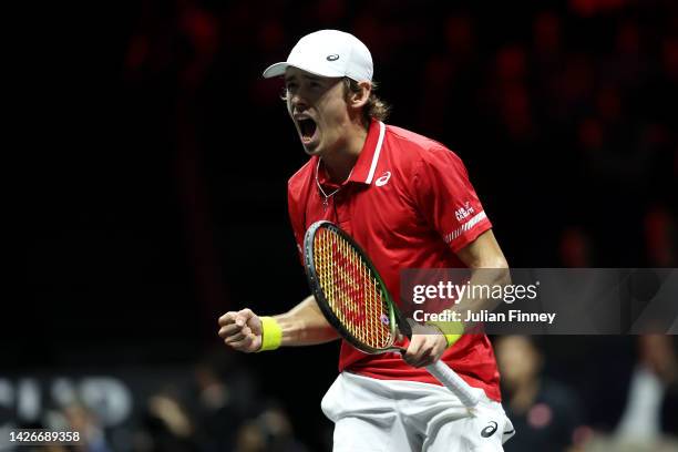 Alex De Minaur of Team World celebrates victory in the match between Andy Murray of Team Europe and Alex De Minaur of Team World during Day One of...