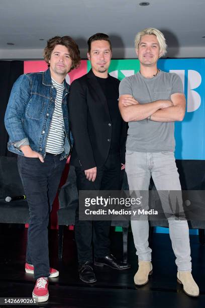 Zac Hanson, Isaac Hanson and Taylor Hanson of Hanson pose for a photo during a press conference at Hotel Presidente Intercontinental on September 23,...