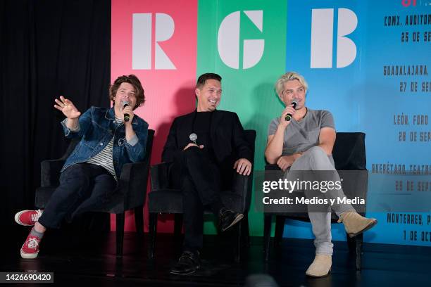 Zac Hanson, Isaac Hanson and Taylor Hanson of Hanson speak during a press conference at Hotel Presidente Intercontinental on September 23, 2022 in...