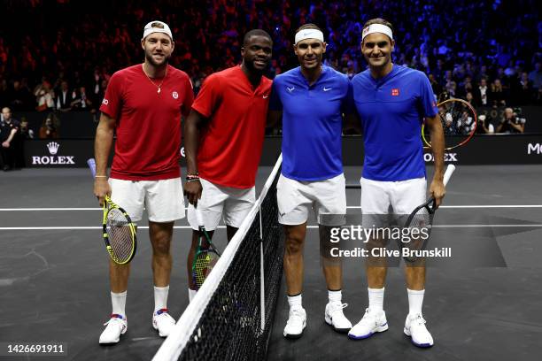 Jack Sock and Frances Tiafoe of Team World and Rafael Nadal and Roger Federer of Team Europe pose for a photograph ahead of their match during Day...