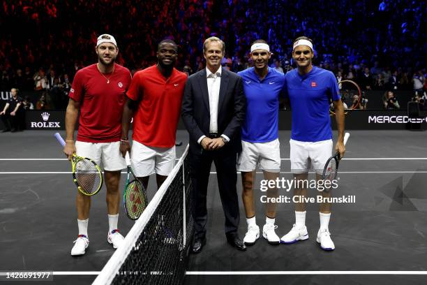 Jack Sock and Frances Tiafoe of Team World and Rafael Nadal and Roger Federer of Team Europe along with Stefan Edberg pose for a photograph ahead of...