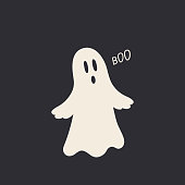 Cute funny Halloween ghost. Scary design illustration. Childish spooky boo character for kids. Flat cartoon style