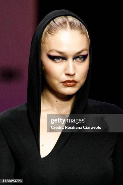 Gigi Hadid walks the runway of the Versace Fashion Show during the Milan Fashion Week Womenswear Spring/Summer 2023 on September 23, 2022 in Milan,...