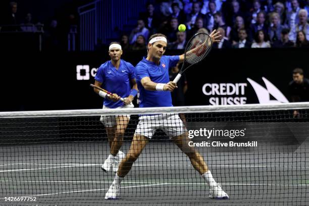 Roger Federer of Team Europe plays a backhand shot during the doubles match between Jack Sock and Frances Tiafoe of Team World and Roger Federer and...