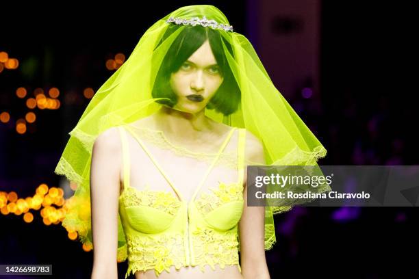 Steinberg walks the runway of the Versace Fashion Show during the Milan Fashion Week Womenswear Spring/Summer 2023 on September 23, 2022 in Milan,...