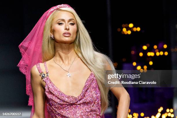 Paris Hilton walks the runway of the Versace Fashion Show during the Milan Fashion Week Womenswear Spring/Summer 2023 on September 23, 2022 in Milan,...